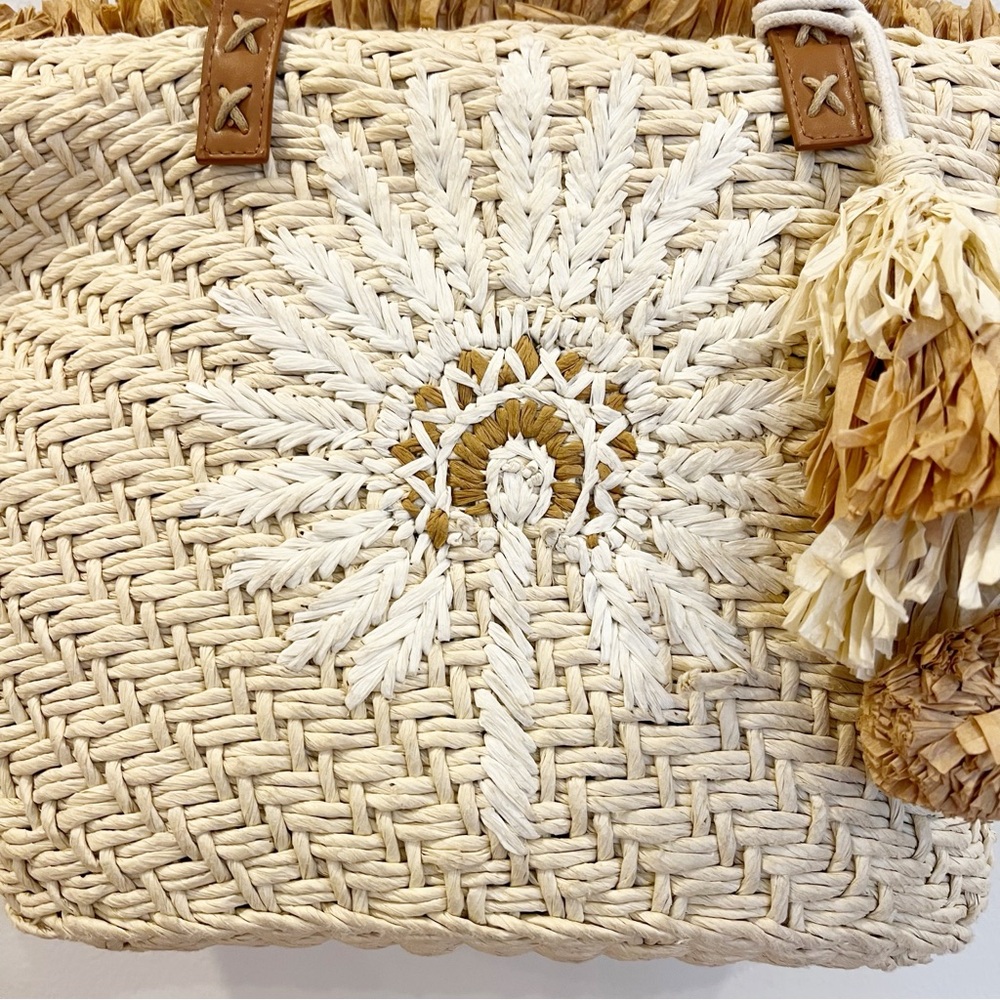 Spartina 449 Bag Womens Straw Fringe Tote Palmetto Leather Straps Beach Resort - Picture 5 of 16